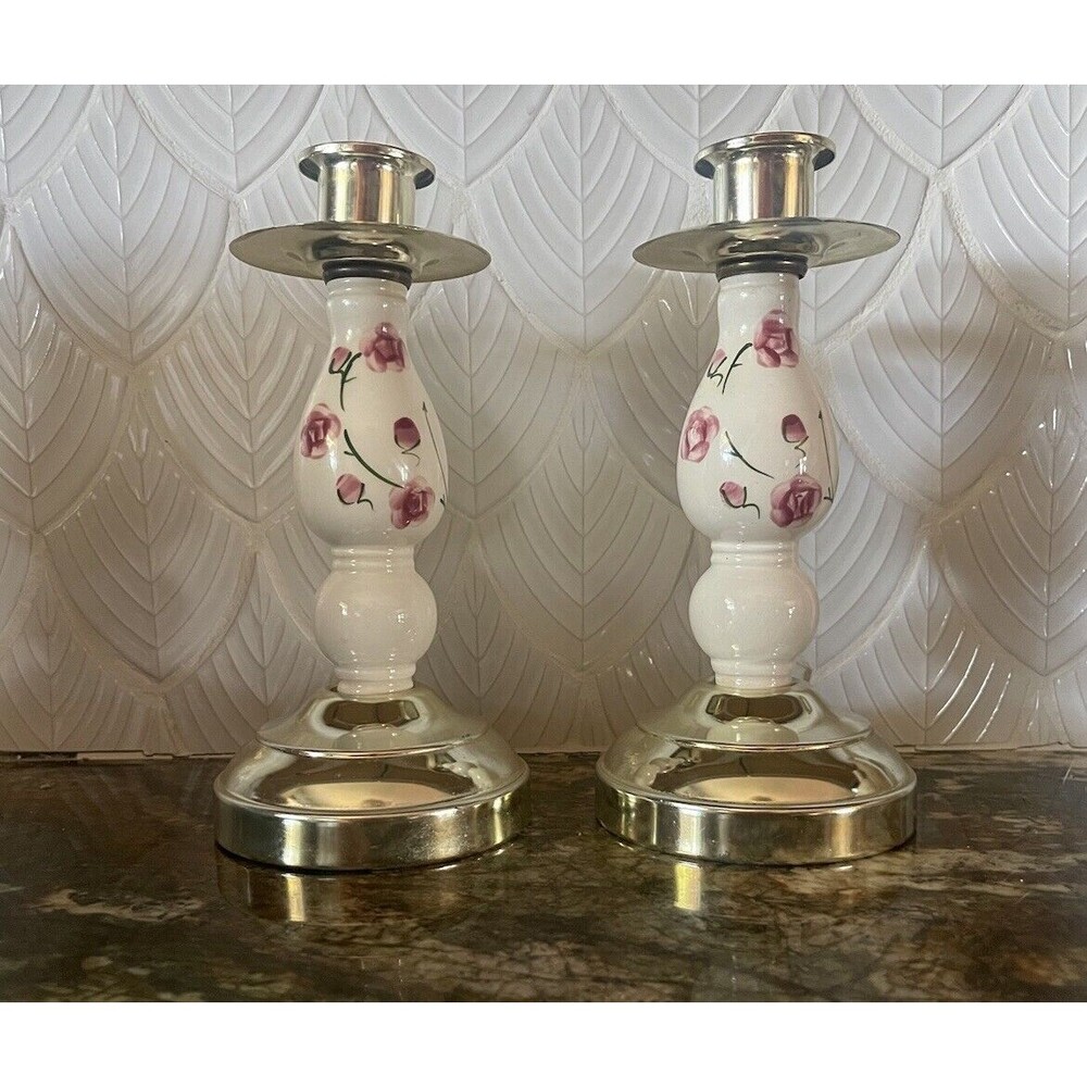 HOMCO Home Interiors Pair of Candlesticks Ceramic Floral & Brass 7.5" High #8850
